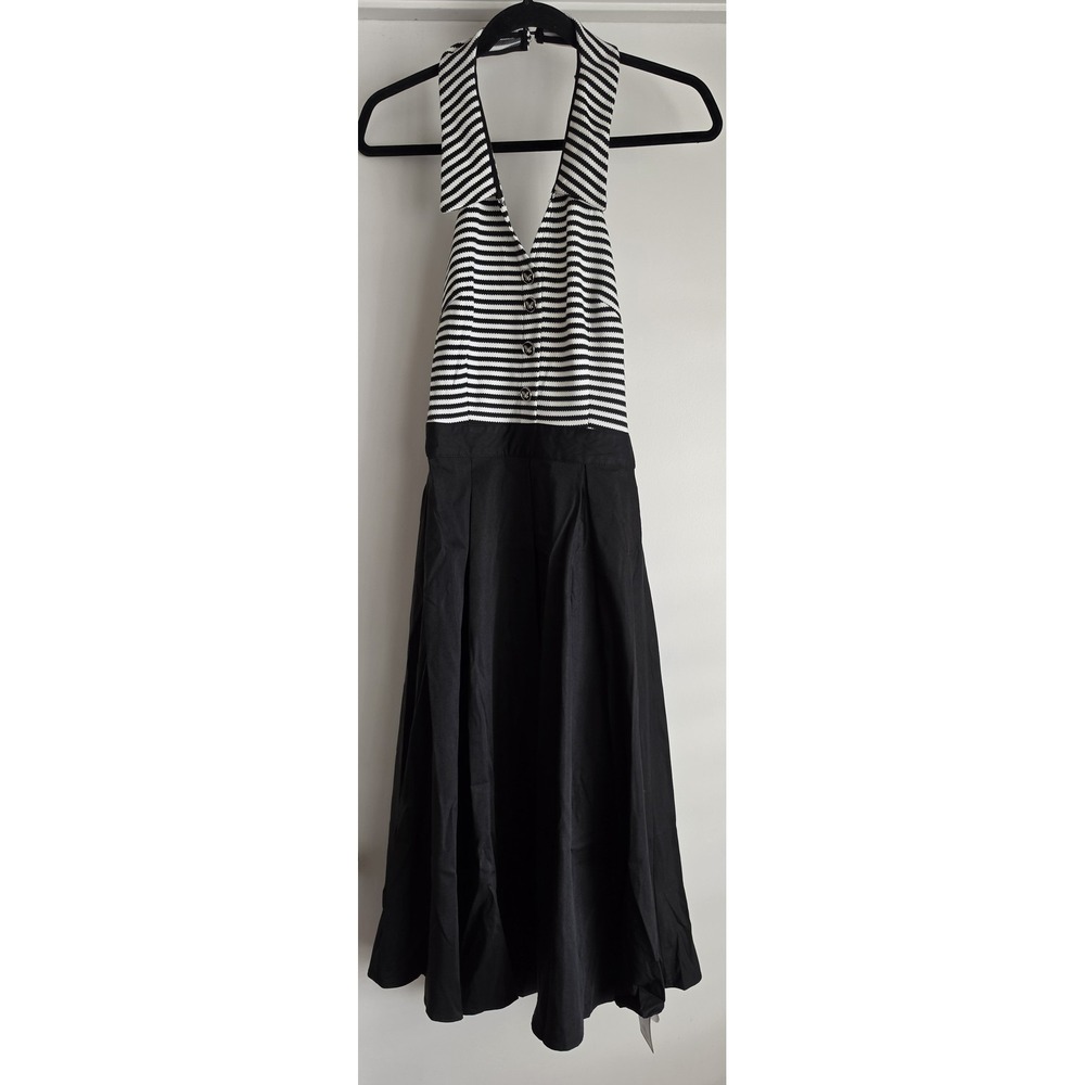 NWT Retro Stage Dress Women S Black White Striped Sleeveless Collared Maxi